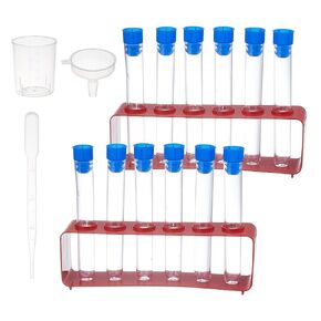 SUPERFINDINGS 10Pcs 15ml Test Tubes with 2Pcs Rack,1Pc Plastic Hopper,1Pc Plastic Measuring Cup,1Pc Plastic Dropper,Plastic Test Tube with Caps and 6-hole Test Tube Display Scientific Experiment