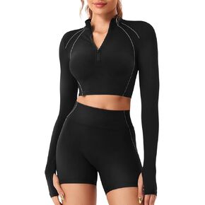 YEOREO Women Zip Up Long Sleeve Workout Crop Top Mock Neck Yoga Shirt