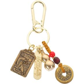Chinese Feng Shui Keychain, Brass Wu Keychain, Amulet Good Luck Backpack Charms, with Feng Shui Coins for Wealth
