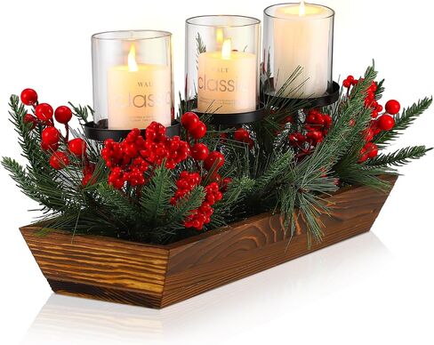 3 Pillar Christmas Table Centerpiece Christmas Candle Holder Artificial Red Berries Pine Cones with Steal Base Frosted Berry Arrangement for Christmas Home Decor in Saudi Arabia