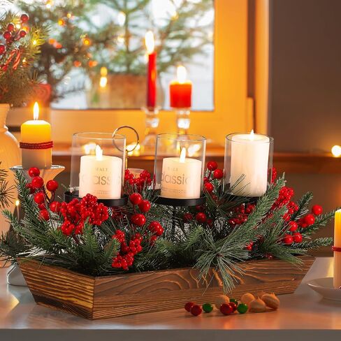 3 Pillar Christmas Table Centerpiece Christmas Candle Holder Artificial Red Berries Pine Cones with Steal Base Frosted Berry Arrangement for Christmas Home Decor in Saudi Arabia