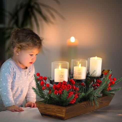 3 Pillar Christmas Table Centerpiece Christmas Candle Holder Artificial Red Berries Pine Cones with Steal Base Frosted Berry Arrangement for Christmas Home Decor in Saudi Arabia