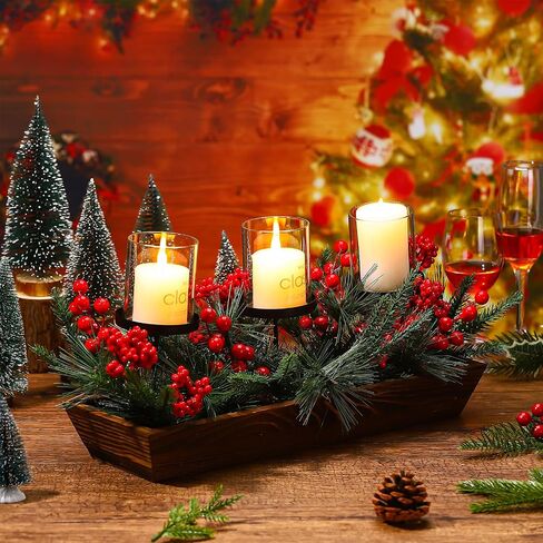 3 Pillar Christmas Table Centerpiece Christmas Candle Holder Artificial Red Berries Pine Cones with Steal Base Frosted Berry Arrangement for Christmas Home Decor in Saudi Arabia