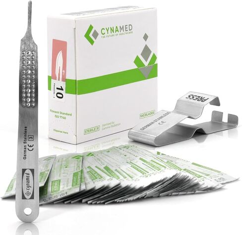 Cynamed 3-Piece Professional Dermaplaning Tool Kit - Stainless Steel Scalpel Handle 3, Blade Remover, 100 Surgical Dermaplane Blades - Skin Exfoliation & Vellus Hair Removal - Dermatologist Supplies in Saudi Arabia
