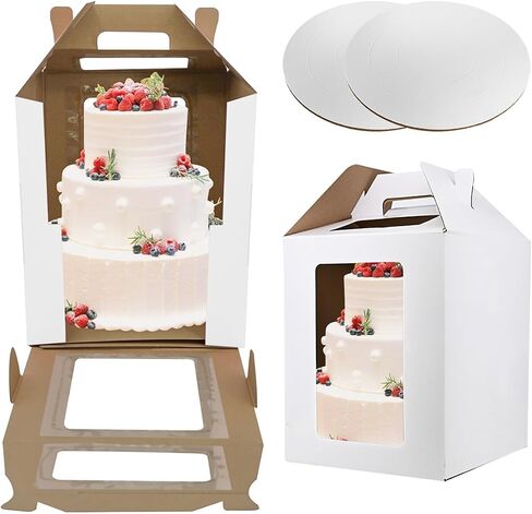 Cake Boxes 2 Pack 12x12x14 Inch with Window&Handle,12 Inch White Tall Cake Boxes for Tier Cakes,Large Tiered with 2 Cake Boards,Disposable Cake Containers/Carrier for Wedding Birthday in Saudi Arabia