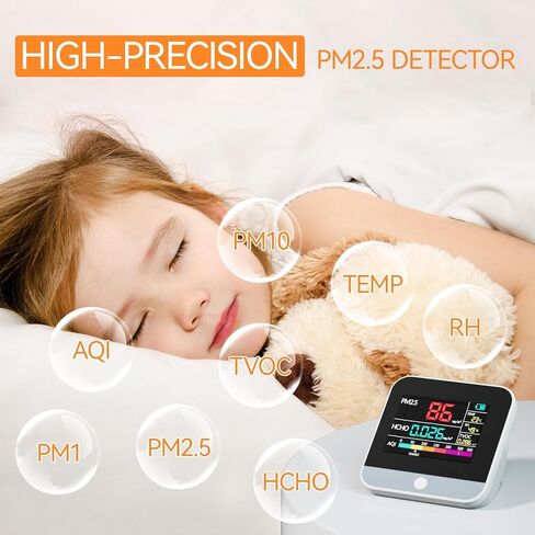 Professional 8-in-1 Indoor Air Quality Monitor -Portable PM2.5/PM10/PM1 Detector with AQI, Temperature, Formaldehyde, Humidity, TVOC, Ideal for Clean Air Monitoring in Confined Spaces in Saudi Arabia