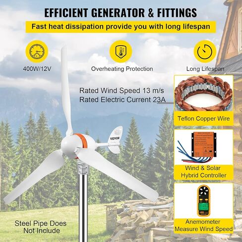 VEVOR Wind Turbine Generator, 12V/24V Wind Turbine Kit, 500W Wind Power Generator with MPPT Controller 5 Blades Auto Adjust Windward Direction Suitable for Terrace, Marine, Motor Home, Chalet, Boat in Saudi Arabia