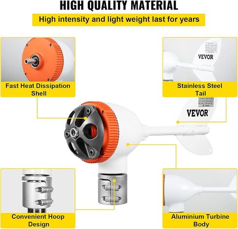 VEVOR Wind Turbine Generator, 12V/24V Wind Turbine Kit, 500W Wind Power Generator with MPPT Controller 5 Blades Auto Adjust Windward Direction Suitable for Terrace, Marine, Motor Home, Chalet, Boat in Saudi Arabia