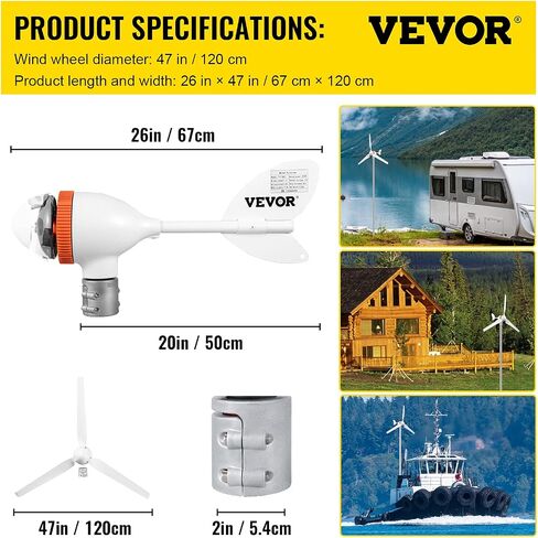 VEVOR Wind Turbine Generator, 12V/24V Wind Turbine Kit, 500W Wind Power Generator with MPPT Controller 5 Blades Auto Adjust Windward Direction Suitable for Terrace, Marine, Motor Home, Chalet, Boat in Saudi Arabia