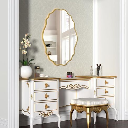 Gold Oval Wavy Mirror 23.85×31.69 inch, Irregularly Shaped, Unique Vanity Mirror, Frameless Wall Mirror for Bathroom, Living Room, Bedroom, Entryway in Saudi Arabia