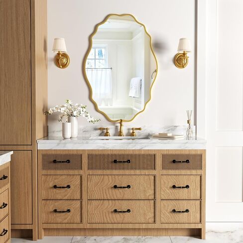 Gold Oval Wavy Mirror 23.85×31.69 inch, Irregularly Shaped, Unique Vanity Mirror, Frameless Wall Mirror for Bathroom, Living Room, Bedroom, Entryway in Saudi Arabia