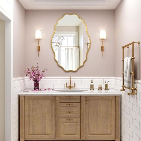 Gold Oval Wavy Mirror 23.85×31.69 inch, Irregularly Shaped, Unique Vanity Mirror, Frameless Wall Mirror for Bathroom, Living Room, Bedroom, Entryway in Saudi Arabia