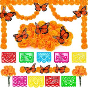 47 Pcs Day of The Dead Decorations Artificial Marigold Flower Garlands Mexican Party Papel Picado Banner Orange Monarch Butterfly for Dia De Los Muertos Indian Diwali Decor