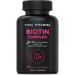 Vital Vitamins Biotin Complex Pills - 5000 mcg Biotin with Hyaluronic Acid, MSM, Collagen, & Vitamin C - Biotin Supplement for Hair, Skin, and Nails - Hair Growth Vitamins - 60 Capsules