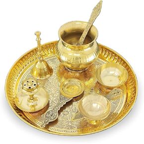 Brass Pooja Thali Set 8 Inch Puja Thali with Pital Plate Kalash Palli Chandan Wati Agarbatti Stand Kappur Arti Diya for Diwali Home Office Mandir Wedding Return Gift Items