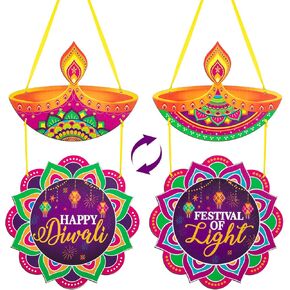 Happy Diwali Decoration Wood Diwali Door Wreath for Front Door Sign Wall Signs Double-sided Printing, Welcome Door Wall Signs Festival of Light Ornaments Hanging Crafts for Home Farmhouse Party Porch Wall Decor