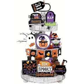 Glnnk Halloween Tiered Tray Decor Set - 15PCS Halloween Decorations Indoor Cute Wooden Signs Rustic Pumpkin Farmhouse Rustic Tiered Tray Decoration Items for Home Table Halloween Party Supplies in Saudi Arabia
