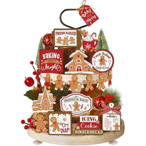 17 Pcs Christmas Gingerbread Man Tiered Tray Decor Set Gingerbread Christmas Decorations Wooden Gingerbread Man Sign Christmas Table Decor for Xmas Winter Home Office Table Centerpiece
