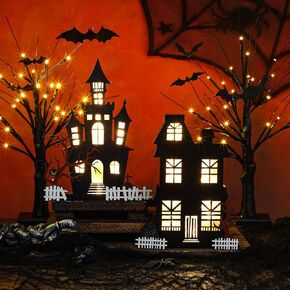 4 Pcs Halloween Table Decorations Indoor, 2 Lighted Wooden Haunted House Decor, 2 Halloween Birches Tree Decor LED Battery Operated Halloween Decorations for Home Kitchen Ornaments