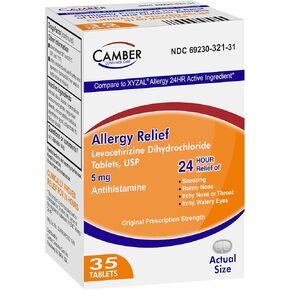 Camber Consumer Care Levocetirizine Dihydrochloride 5mg Antihistamine Tablets, Generic Xyzal Allergy 24 Hour, Allergy Relief Medicine (35 Count)