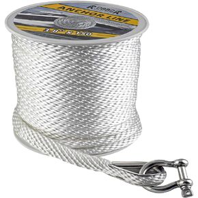 Anchor Rope 3/8 Inch 150FT Solid Braid MFP Anchor Line with Stainless Steel Thimble & Shackle, Heavy-Duty Marine Rope Ideal for Boats, Yachts, and Sailboats (3/8" x 150', White)