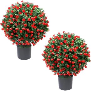 homegroove 21.6" Tall Artificial Rose Topiary Ball Tree Set of 2 Pack, Faux Boxwood Ball Tree UV Resistant Potted Bushes Fake Plants for Outdoor Front Door Porch Home Office Decor