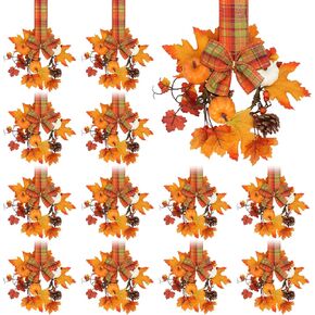 12 Pcs Fall Kitchen Cabinet Wreaths with Ribbon 10 Inch Mini Thanksgiving Wreath Farmhouse Wreath with Maple Leaf and Pumpkin Decor for Chair Door Window Cabinet Wall