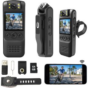 Body Camera 1080P HD Recorder 64GB with Audio&Video/ 180° Rotating Lens/Hotspot Connection/Loop Recording/Image Mirroring/Back Clip for Cycling/Skiing/Law Enforcement/Security/Travel