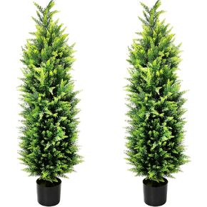 Sunnyglade 2 Packs 44" Artificial Topiary Cedar Trees Fake Topiary Plant Tree in Pot- Decorative Topiary Plant - Cement Filled Potted Faux Cedar Tree for Christmas Home Porch Outdoor Decor (White)