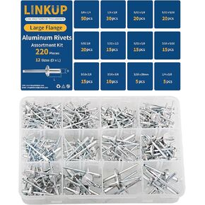 220PCS Large flange Rivets Pop Rivets Assortment Kit, Sliver Aluminum Rivets including(1/8" 5/32" 3/16" 1/4") Blind Rivets set