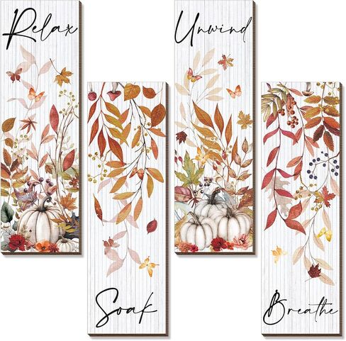 Kigley 4 Pieces Fall Bathroom Wall Decor Wood Relax Soak Unwind Breathe Wall Art Orange Bathroom Decor Orange Pictures for Wall Decor Fall Maple Leaves Wooden Sign for Home Living Room Laundry Spa in Kuwait