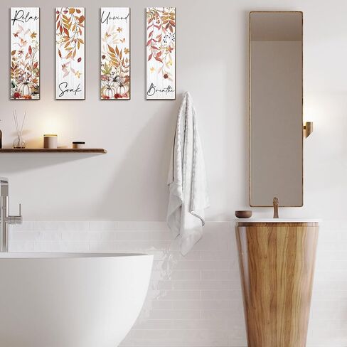 Kigley 4 Pieces Fall Bathroom Wall Decor Wood Relax Soak Unwind Breathe Wall Art Orange Bathroom Decor Orange Pictures for Wall Decor Fall Maple Leaves Wooden Sign for Home Living Room Laundry Spa in Kuwait