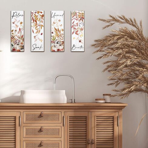 Kigley 4 Pieces Fall Bathroom Wall Decor Wood Relax Soak Unwind Breathe Wall Art Orange Bathroom Decor Orange Pictures for Wall Decor Fall Maple Leaves Wooden Sign for Home Living Room Laundry Spa in Kuwait