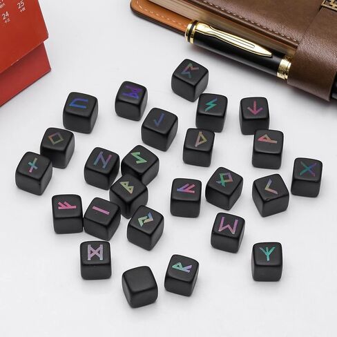 Amogeeli 25pcs Black Obsidian Rune Stones Set, Elder Futhark Alphabet Engraved Crystal Runes for Beginner Divination Meditation Reiki in Saudi Arabia