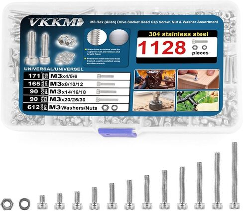 1128 pcs Stainless Steel M3 Hex (Allen) Drive Socket Head Cap Bolt Assortment Kit, Screw, Nut & Washer Set, M3 x 4/5/6/8/10/12/14/16/18/20/25/30/mm, Reusable Storage Case in Saudi Arabia
