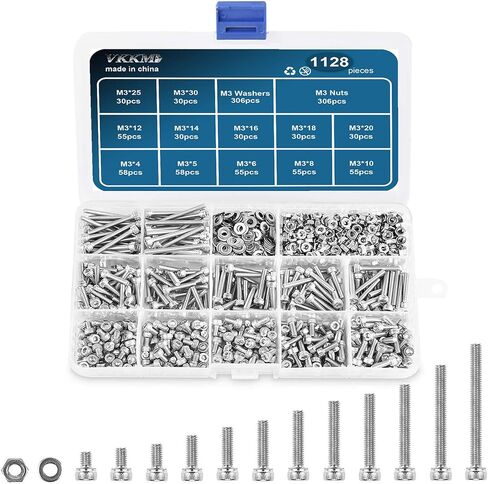 1128 pcs Stainless Steel M3 Hex (Allen) Drive Socket Head Cap Bolt Assortment Kit, Screw, Nut & Washer Set, M3 x 4/5/6/8/10/12/14/16/18/20/25/30/mm, Reusable Storage Case in Saudi Arabia