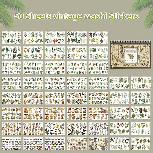 50 Sheet Vintage Washi Stickers, Scrapbook Botanical Stickers, A5 Size Vintage Floral Botanical Nature Sticker Book Ephemera for Junk Journals, Planners, Diary Collage (A) in Saudi Arabia