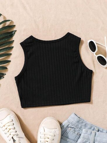 COZYEASE Girls' Sleeveless Tank Top Colorblock Ribbed Knit Round Neck Slim Fit Preppy Cute Crop Tops Blue Solid 11-12Y in Saudi Arabia
