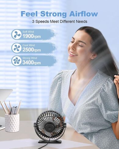 TriPole Desk Fan USB Powered Small Portable Fan, 3 Speeds Adjustable Strong Breeze Mini Personal Fan, 360° Rotation Quiet Plug In USB Fan for Desktop Bedroom Office Table Travel, Black, 4.9ft Cable in Kuwait