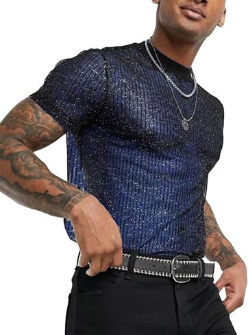 Men's Sheer See Through Mesh Tee Glitter Button Front Short Sleeve T-Shirt Tops in Kuwait
