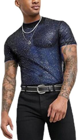 Men's Sheer See Through Mesh Tee Glitter Button Front Short Sleeve T-Shirt Tops in Kuwait