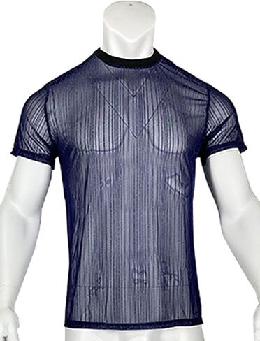 Men's Sheer See Through Mesh Tee Glitter Button Front Short Sleeve T-Shirt Tops in Kuwait