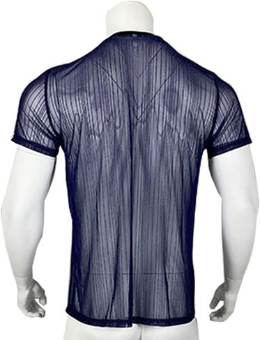 Men's Sheer See Through Mesh Tee Glitter Button Front Short Sleeve T-Shirt Tops in Kuwait