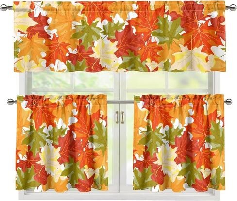 Fall Maple Kitchen Curtains Tiers and Valances Set, Thanksgiving Rod Pocket Valance Short Window Treatment Decor Curtains, 3 Pieces Set in Kuwait