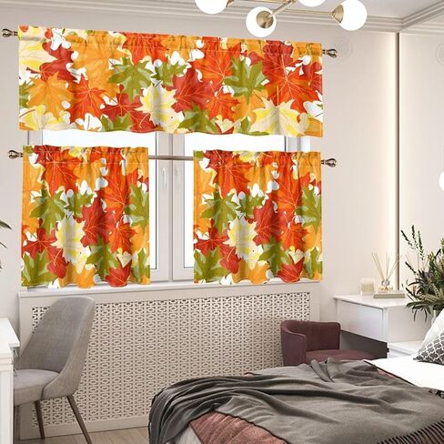 Fall Maple Kitchen Curtains Tiers and Valances Set, Thanksgiving Rod Pocket Valance Short Window Treatment Decor Curtains, 3 Pieces Set in Kuwait