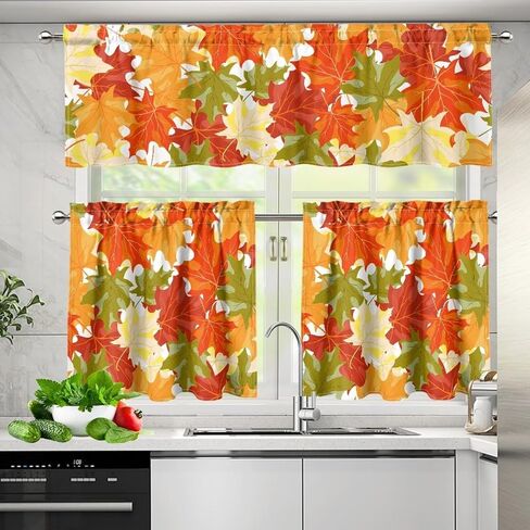 Fall Maple Kitchen Curtains Tiers and Valances Set, Thanksgiving Rod Pocket Valance Short Window Treatment Decor Curtains, 3 Pieces Set in Kuwait