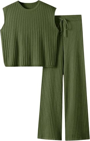 Imily Bela Womens 2 Piece Outfits Sweater Lounge Set Knit Sleeveless Pullover Top Wide Leg Pants Matching Sets in Kuwait