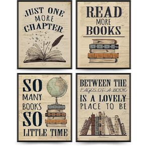 PLKMN Vintage Book Reading Posters for Library 8x10, Book Club Decorations, Library Decor, Retro Vintage Book Wall Art for Reading Room Classroom Nursery, Book Lovers Gifts, Set of 4 Unframed