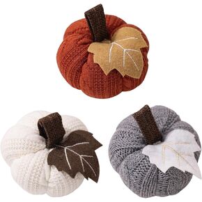 Set of 3 Mini Knit Pumpkins Faux Fall Harvest Crochet Pumpkins Small Knit Pumpkins in Orange Grey White Rustic Farmhouse Pumpkins for Thanksgiving Halloween Fall Decor