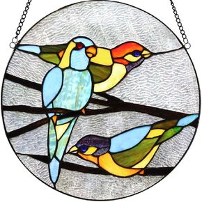 Bieye W10044 Parrots on Branches Tiffany Style Stained Glass Window Panel Hangings with Chain, 16-inch Wide Round Shape, Blue